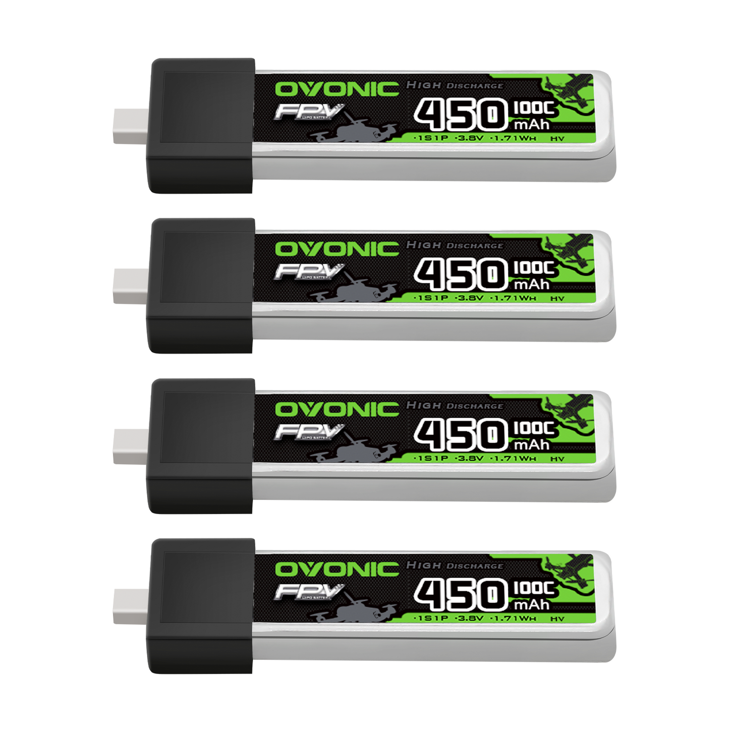 Ovonic 4x 1S 450mAh 100C 3.8V LiHV LiPo battery set with BT2.0 plug, side view