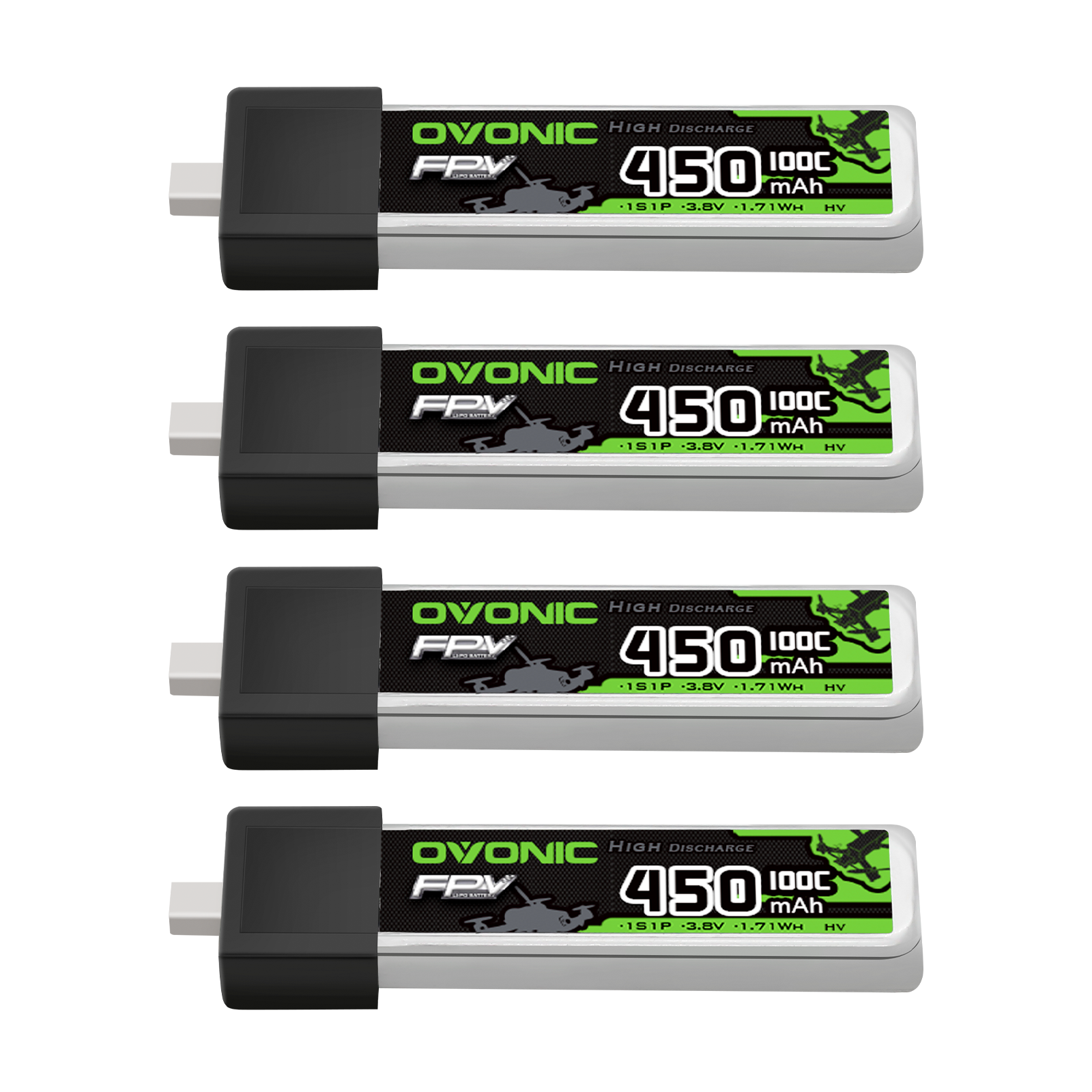 Ovonic 4x 1S 450mAh 100C 3.8V LiHV LiPo battery set with BT2.0 plug, side view