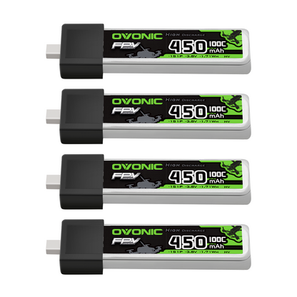 Ovonic 4x 1S 450mAh 100C 3.8V LiHV LiPo battery set with BT2.0 plug, side view