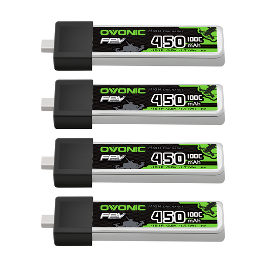 Ovonic 4x 1S 450mAh 100C 3.8V LiHV LiPo battery set with BT2.0 plug, side view