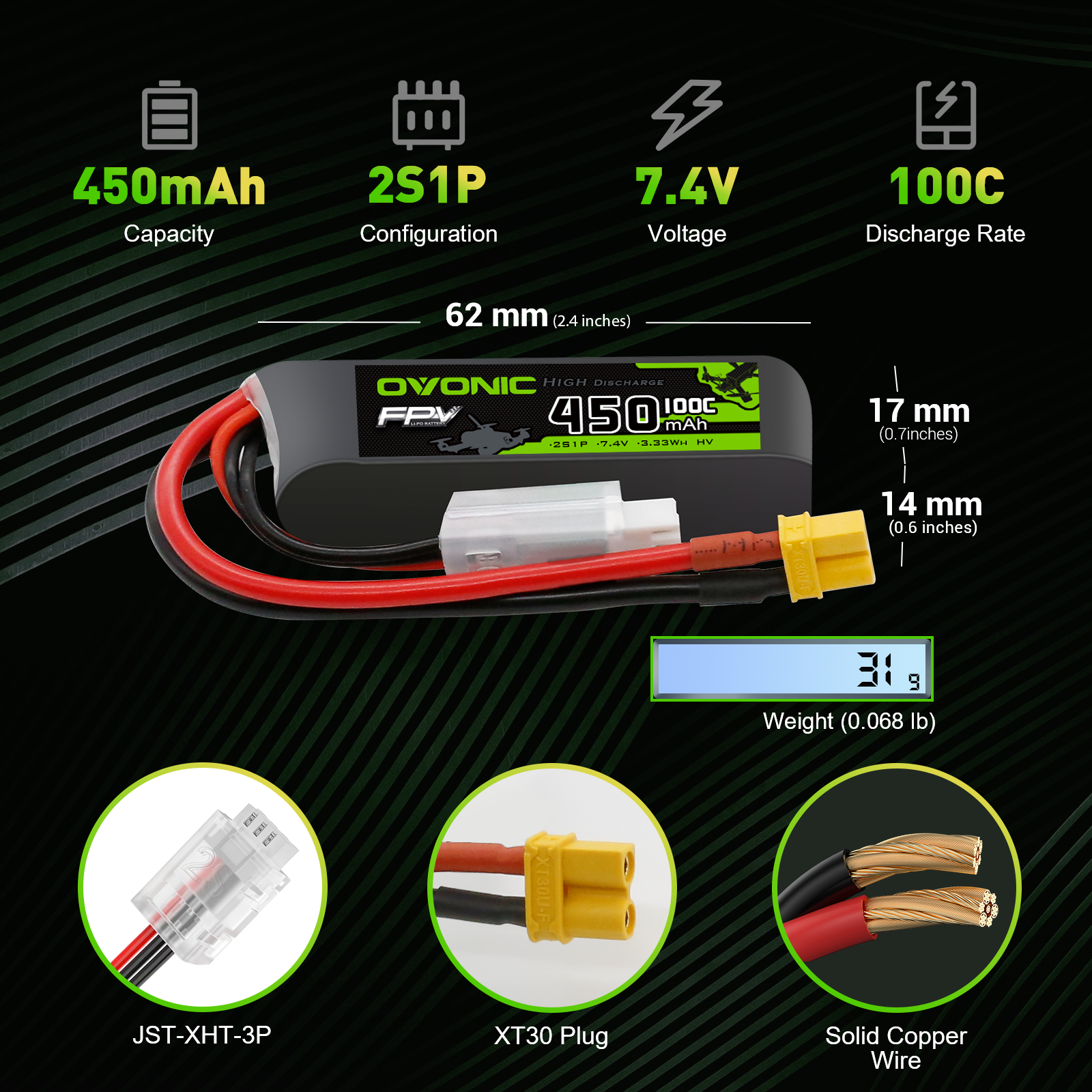 Battery specs and dimensions graphic: 450mAh 2S1P 7.4V 100C, 62mm length, 31g, XT30 plug