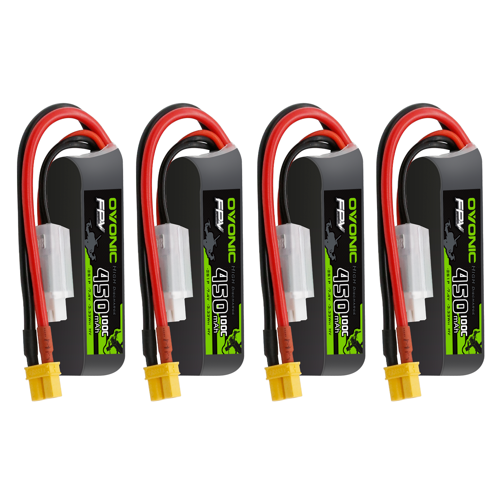 Ovonic 2S 450mAh 100C 7.4V LiPo battery 4-pack with XT30 plug and balance lead