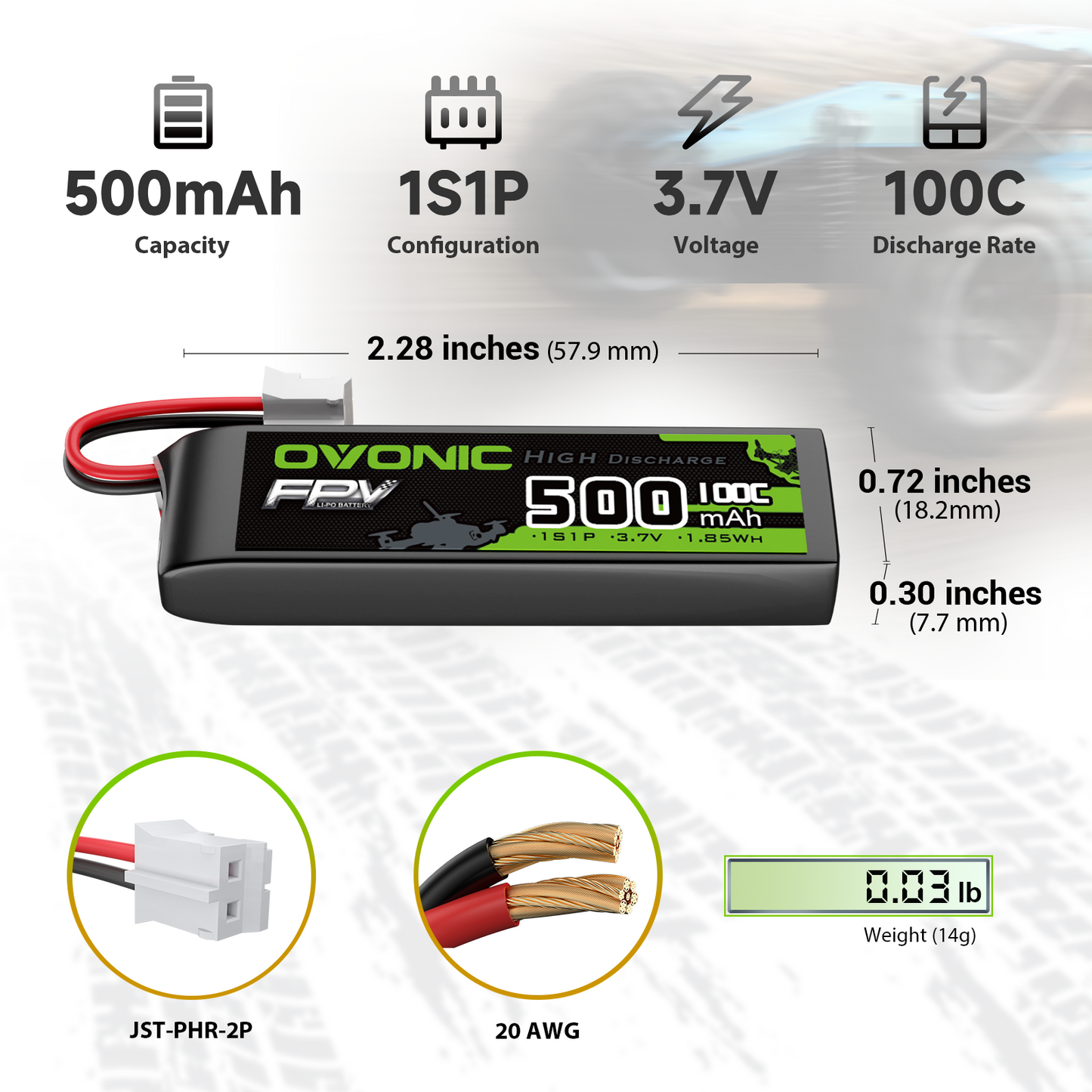 OVONIC 1S 3.7V 500mAh 100C long LiPo battery size chart with dimensions, JST-PHR-2P plug and 20AWG wire