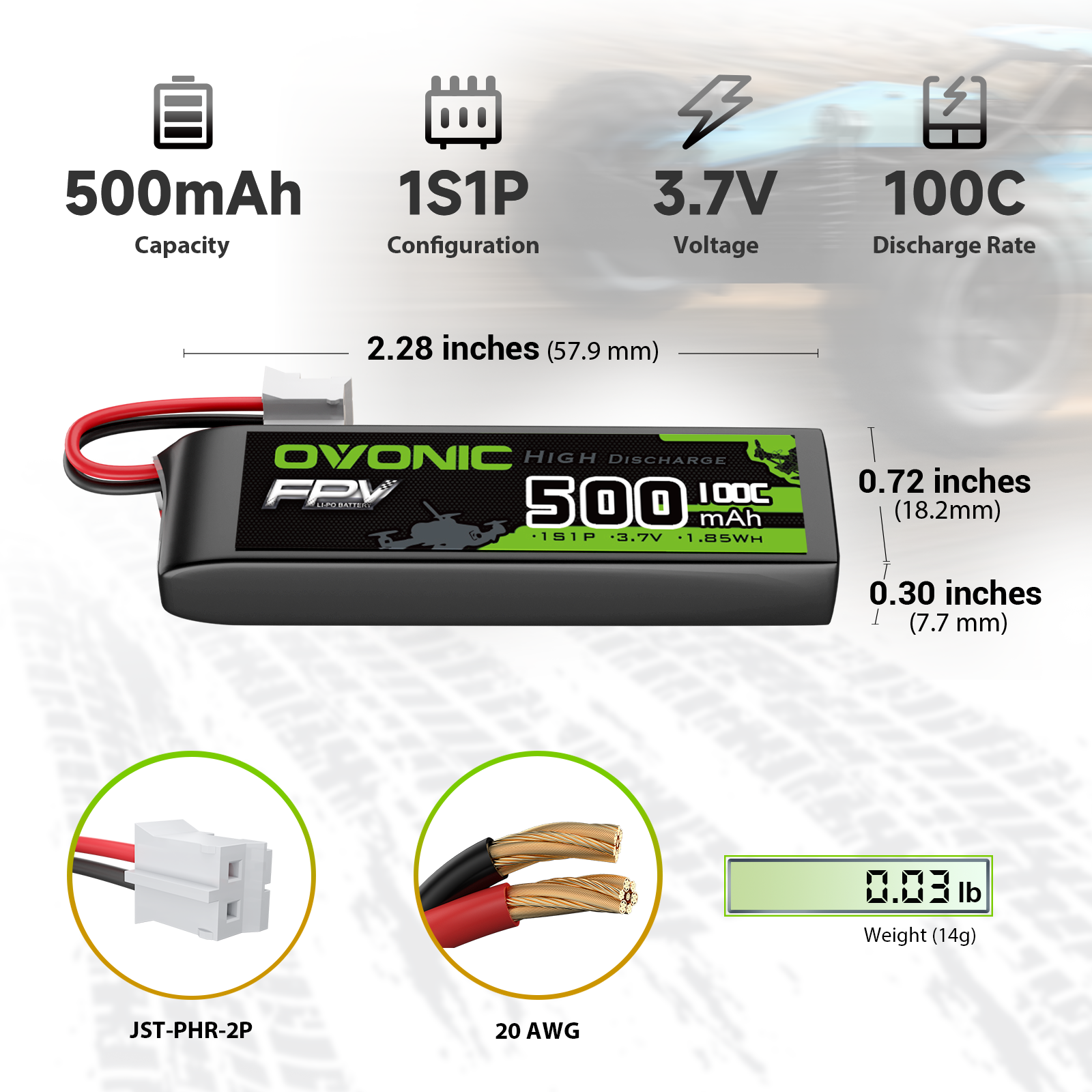 OVONIC 1S 3.7V 500mAh 100C long LiPo battery size chart with dimensions, JST-PHR-2P plug and 20AWG wire