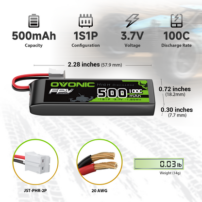 OVONIC 1S 3.7V 500mAh 100C long LiPo battery size chart with dimensions, JST-PHR-2P plug and 20AWG wire
