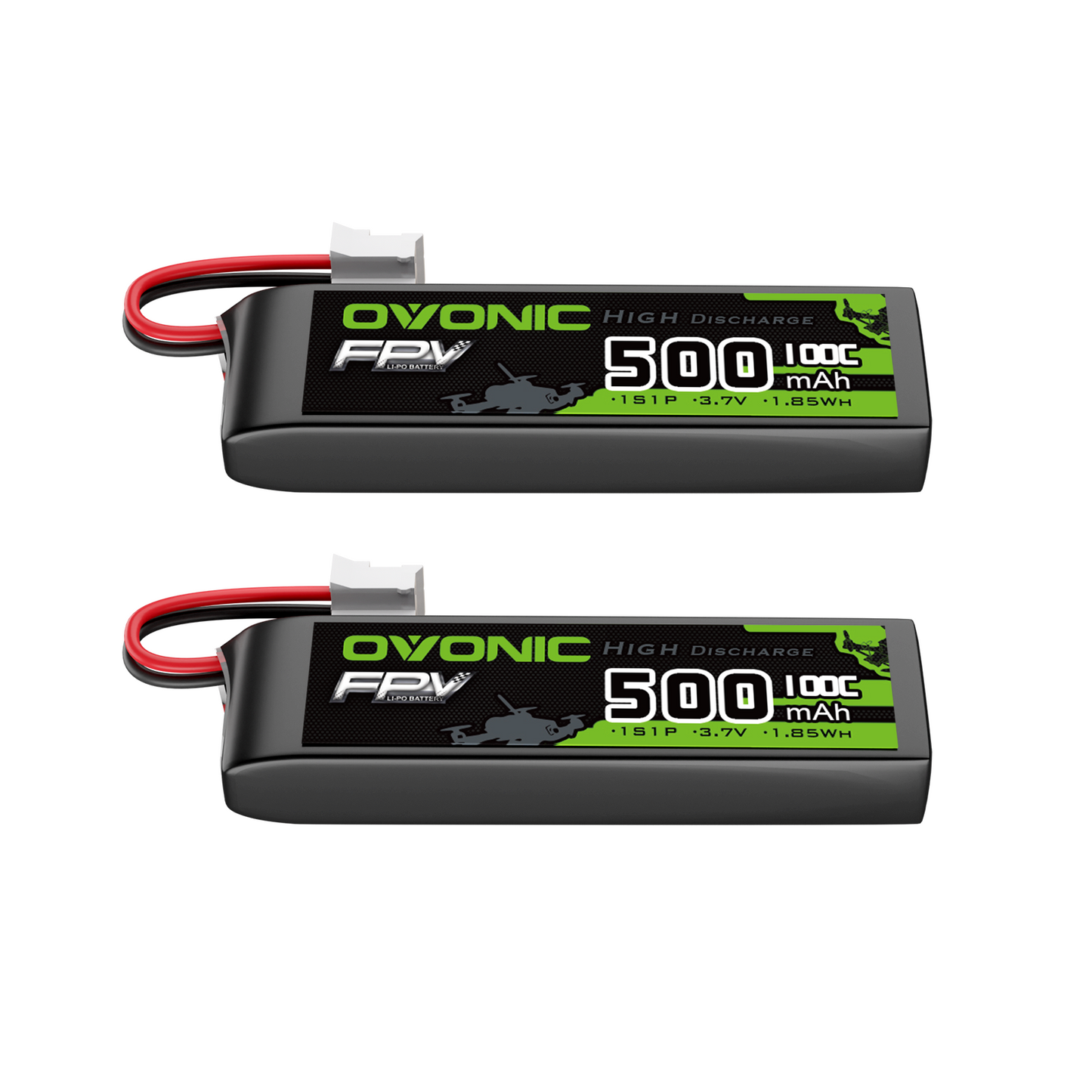 OVONIC 1S 3.7V 500mAh 100C long LiPo batteries, 2-pack, with JST-PHR plug leads