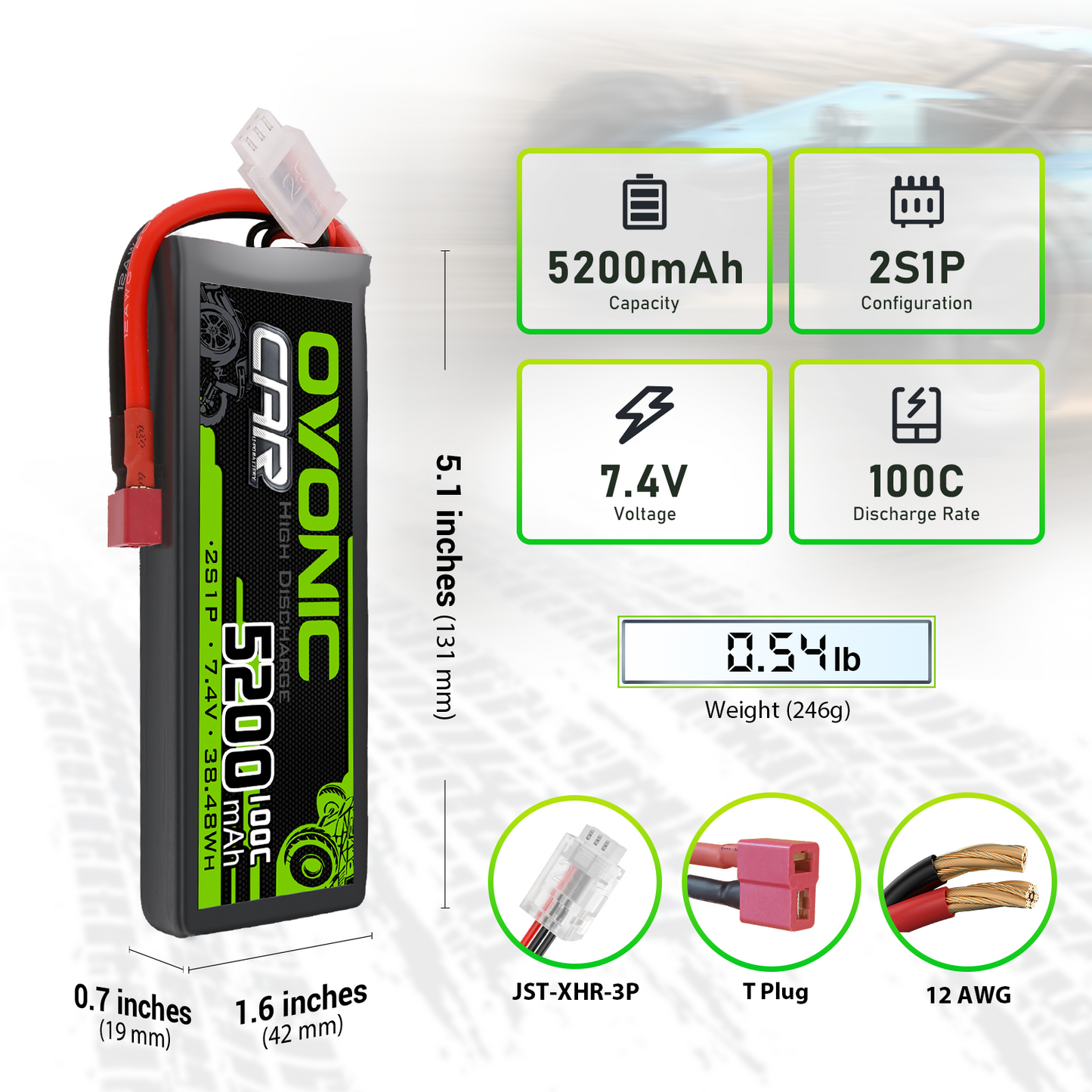 Ovonic 2S1P 5200mAh 7.4V 100C LiPo battery specs and dimensions, T plug, JST-XHR-3P, 12 AWG leads