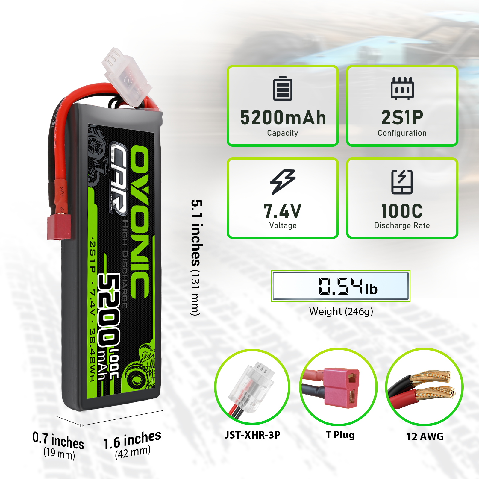 Ovonic 2S1P 5200mAh 7.4V 100C LiPo battery specs and dimensions, T plug, JST-XHR-3P, 12 AWG leads