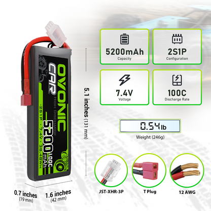 Ovonic 2S1P 5200mAh 7.4V 100C LiPo battery specs and dimensions, T plug, JST-XHR-3P, 12 AWG leads