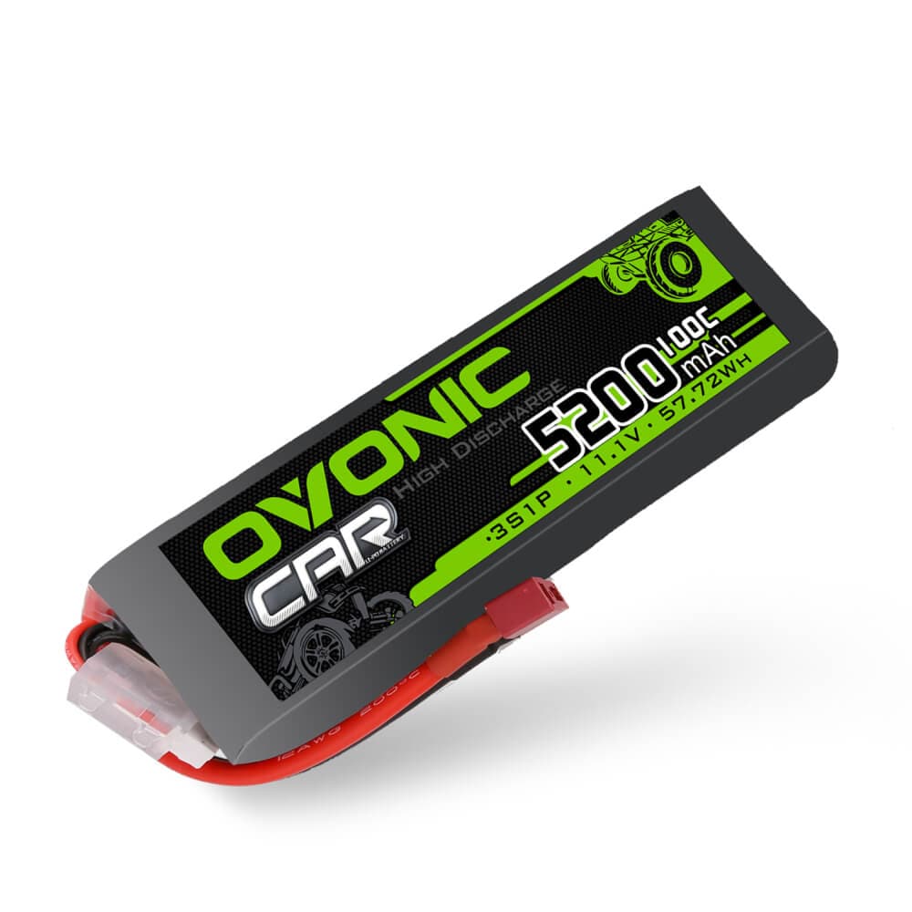 Ovonic 100C 3S1P 5200mAh 11.1V LiPo Battery pack with lead wires and connector, angled view