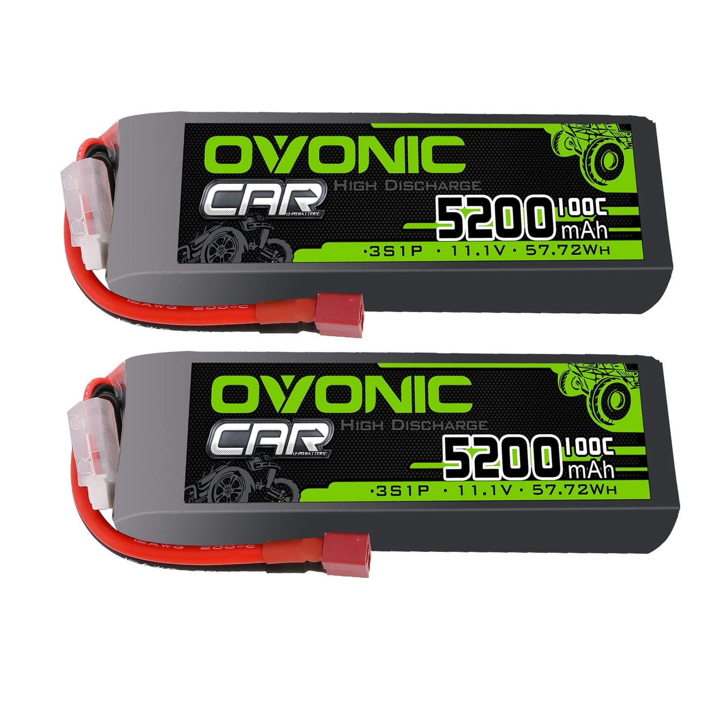 Ovonic 2-pack 3S 5200mAh 11.1V 100C LiPo batteries with Deans T plug and JST-XH balance lead