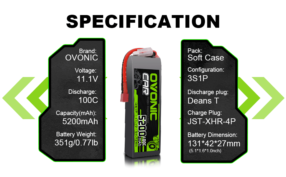 Ovonic 3S 5200mAh 11.1V 100C LiPo battery specification graphic with Deans T plug and JST-XH plug