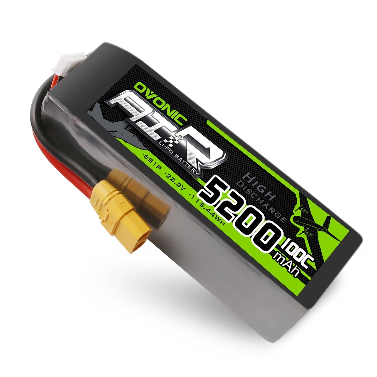 Ovonic 5200mAh 6S 100C LiPo Battery with 22.2V label, soft case, and yellow XT90 connector