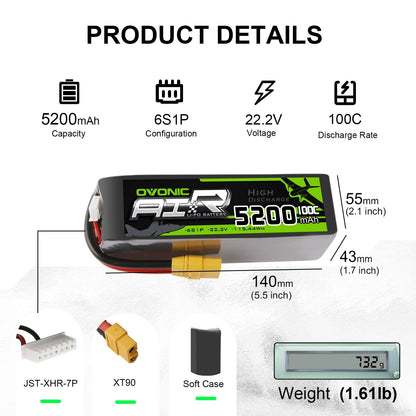 Battery dimensions and product details showing 5200mAh, 6S1P, 22.2V, 100C, XT90, and JST-XHR-7P