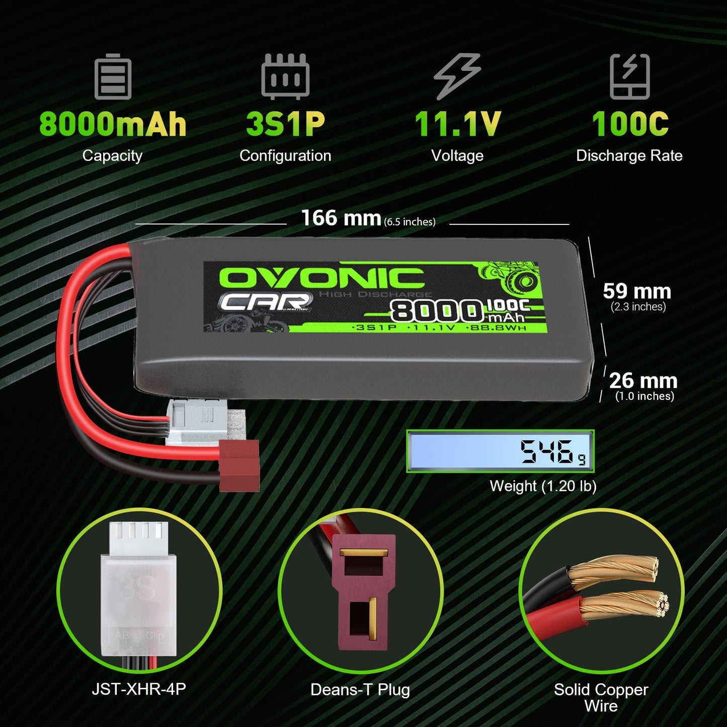 Ovonic 100C 11.1V 8000mAh 3S LiPo Battery dimensions 166×59×26mm with 546g weight and plug types