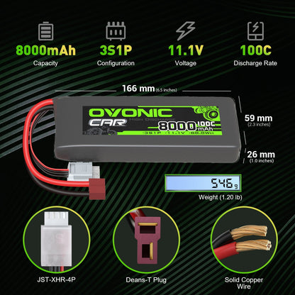 Ovonic 100C 11.1V 8000mAh 3S LiPo Battery dimensions 166×59×26mm with 546g weight and plug types