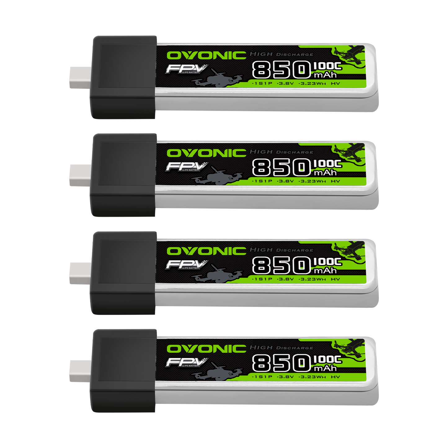 OVONIC 1S 850mAh 100C 3.8V LiHV LiPo Battery 4-pack, label side view with BT2.0 connector
