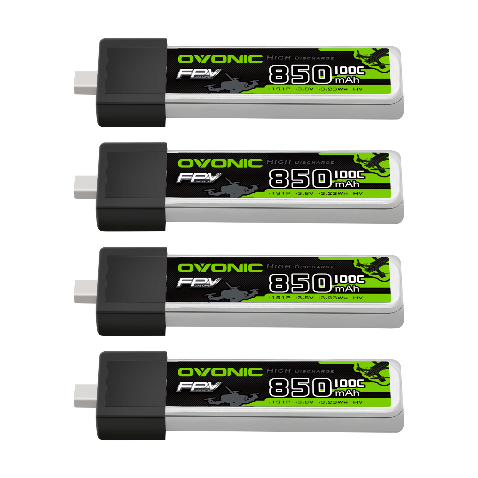 OVONIC 1S 850mAh 100C 3.8V LiHV LiPo Battery 4-pack, label side view with BT2.0 connector