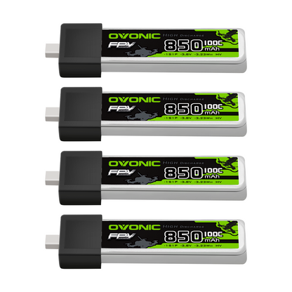 OVONIC 1S 850mAh 100C 3.8V LiHV LiPo Battery 4-pack, label side view with BT2.0 connector