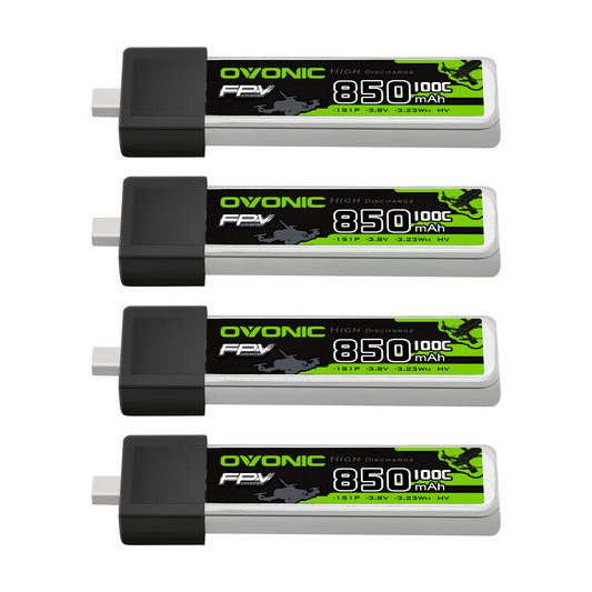 OVONIC 1S 850mAh 100C 3.8V LiHV LiPo Battery 4-pack, label side view with BT2.0 connector