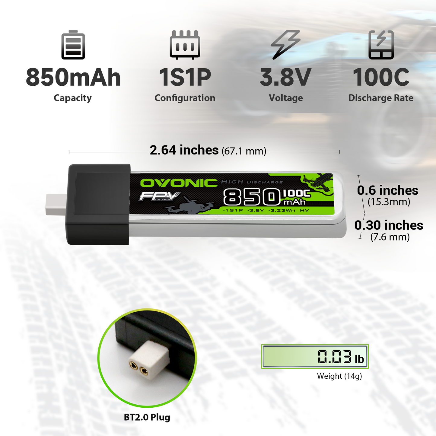 Battery size and specs diagram: 850mAh 1S1P 3.8V 100C, dimensions, 14g weight, BT2.0 plug close-up
