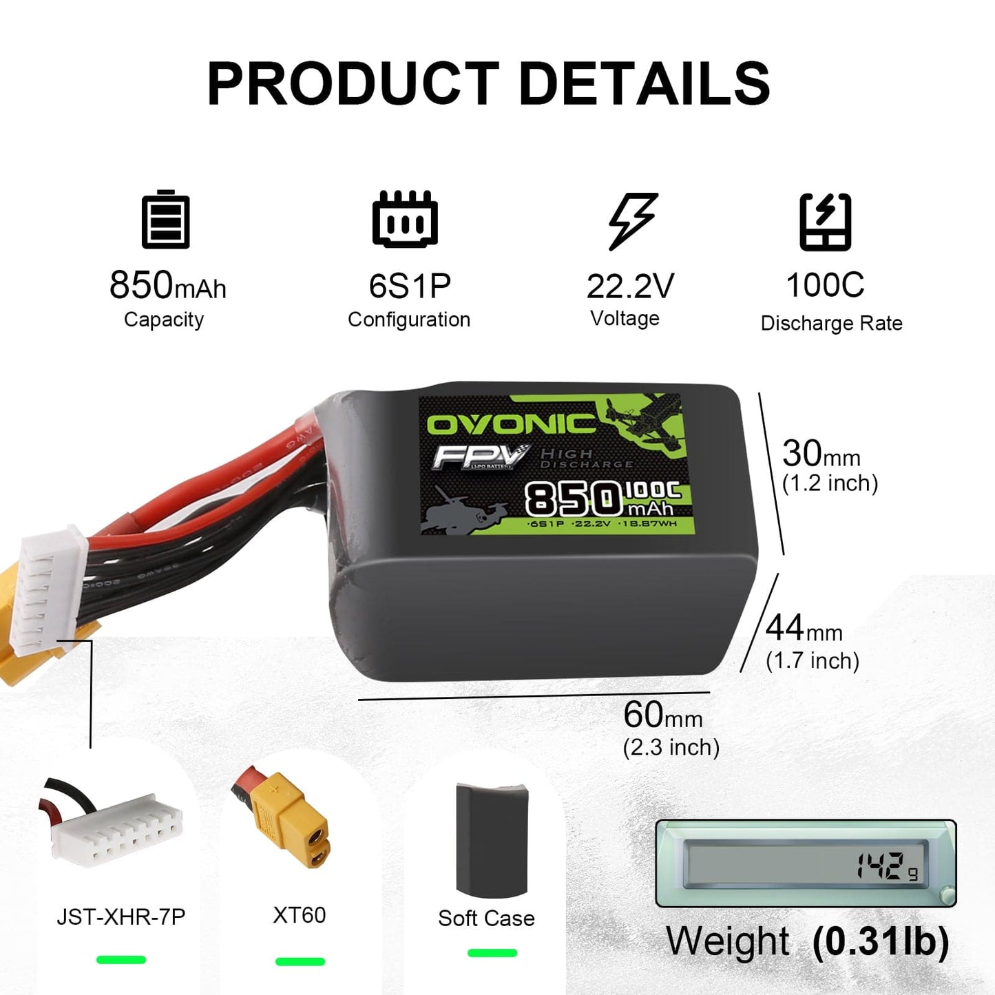 Product details graphic for 850mAh 6S1P 22.2V 100C LiPo battery with size, weight, XT60 and JST-XHR-7P plugs