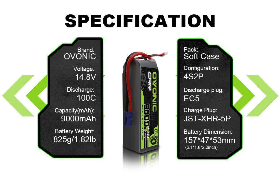 Specification chart for Ovonic 9000mAh 4S 14.8V 100C LiPo battery: 4S2P, EC5, JST-XHR-5P, size, weight