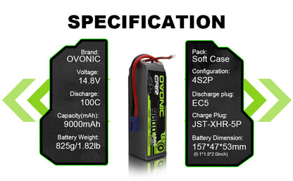 Specification chart for Ovonic 9000mAh 4S 14.8V 100C LiPo battery: 4S2P, EC5, JST-XHR-5P, size, weight