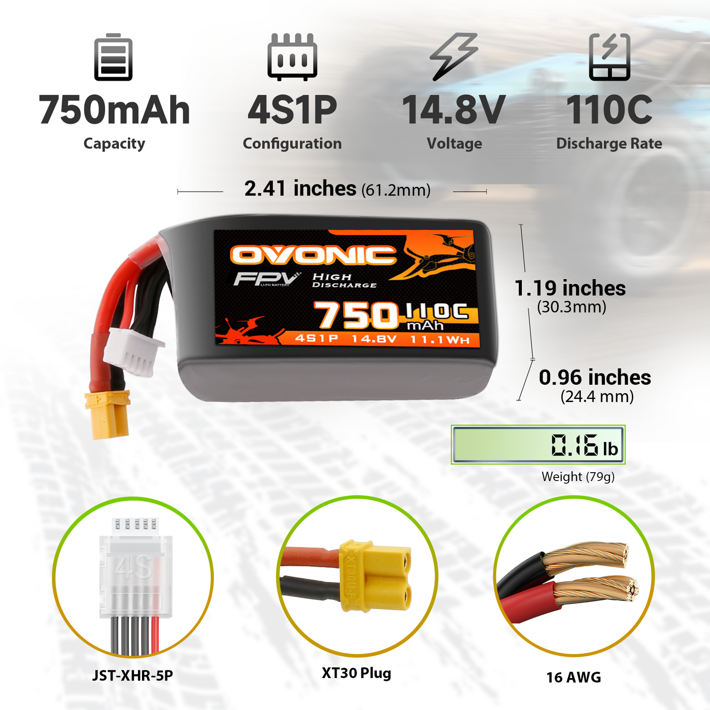 Ovonic 4S 750mAh 14.8V 110C LiPo battery size and connector diagram with XT30 and JST-XHR-5P