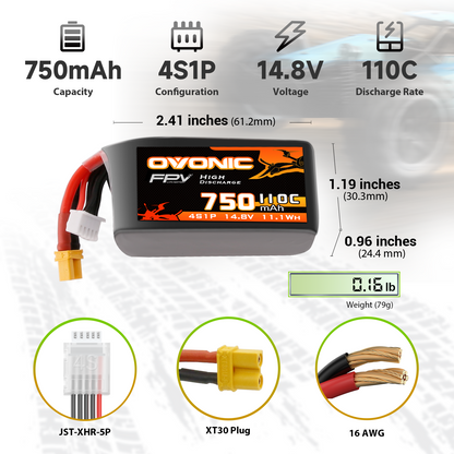 Ovonic 4S 750mAh 14.8V 110C LiPo battery size and connector diagram with XT30 and JST-XHR-5P