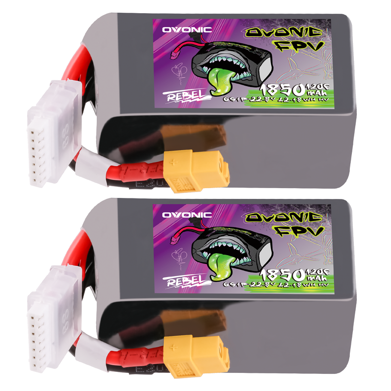 Ovonic Rebel 2.0 6S 1850mAh 120C 22.2V FPV LiPo battery 2-pack with XT60 and balance leads