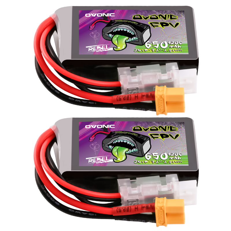 Ovonic Rebel 2.0 2S 650mAh 120C 7.4V LiPo Battery 2-pack with XT30 plug and balance lead