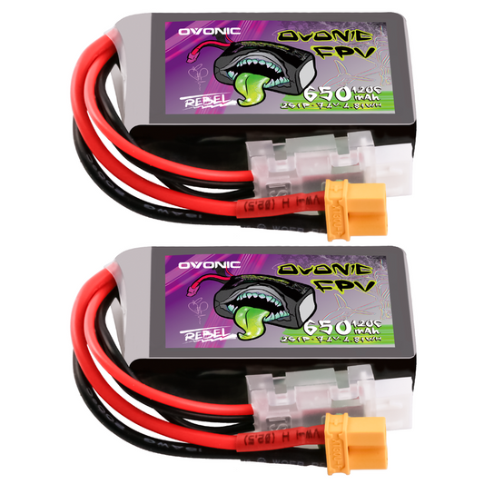 Ovonic Rebel 2.0 2S 650mAh 120C 7.4V LiPo Battery 2-pack with XT30 plug and balance lead