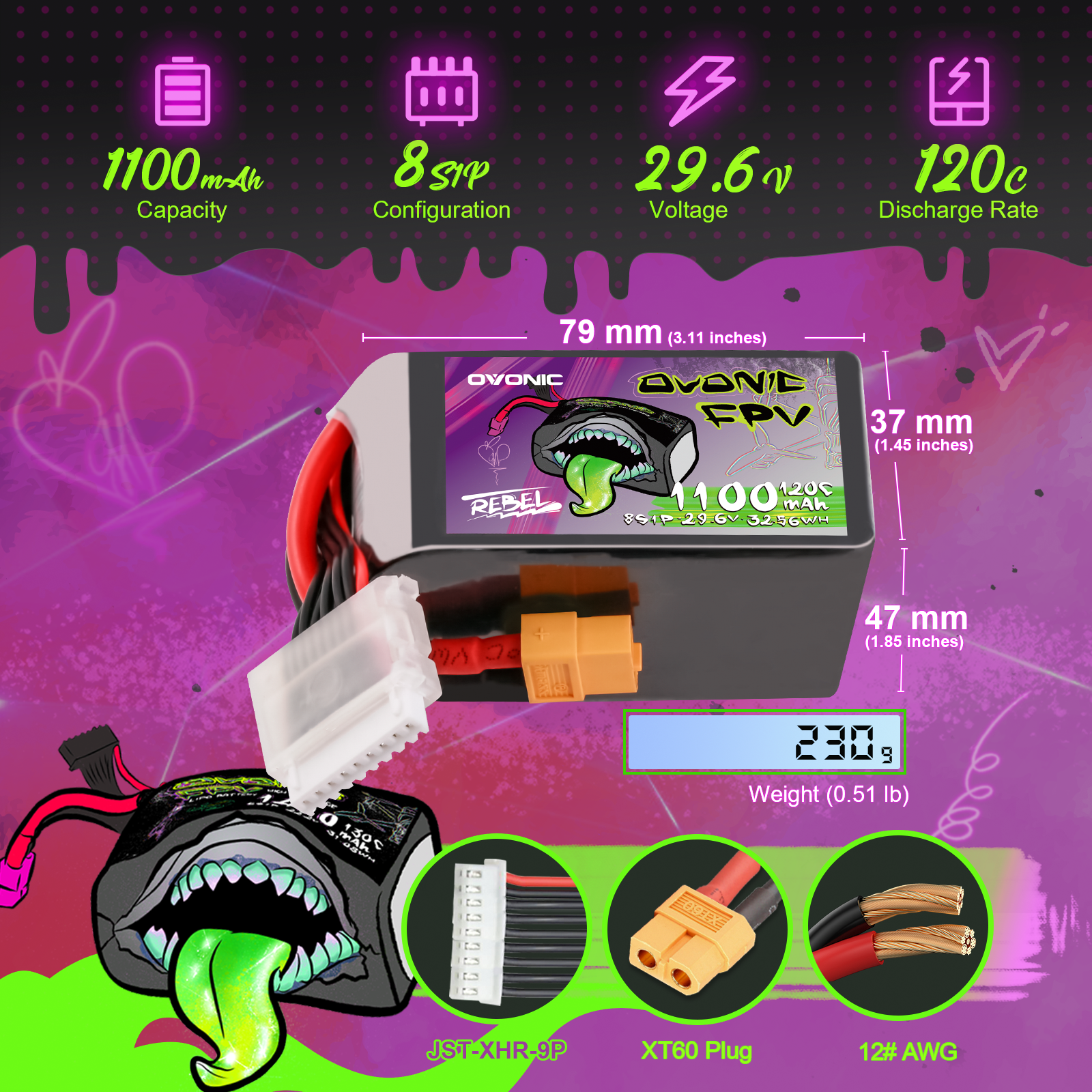Ovonic Rebel 2.0 8S 1100mAh LiPo specs infographic with size 79×37×47 mm, 230 g weight, XT60 and JST-XHR-9P