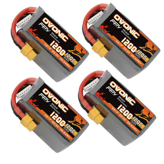 [4 Packs] Ovonic 120C 22.2V 6S 1200mAh LiPo Battery with XT60 Plug for FPV Racing - Ampow