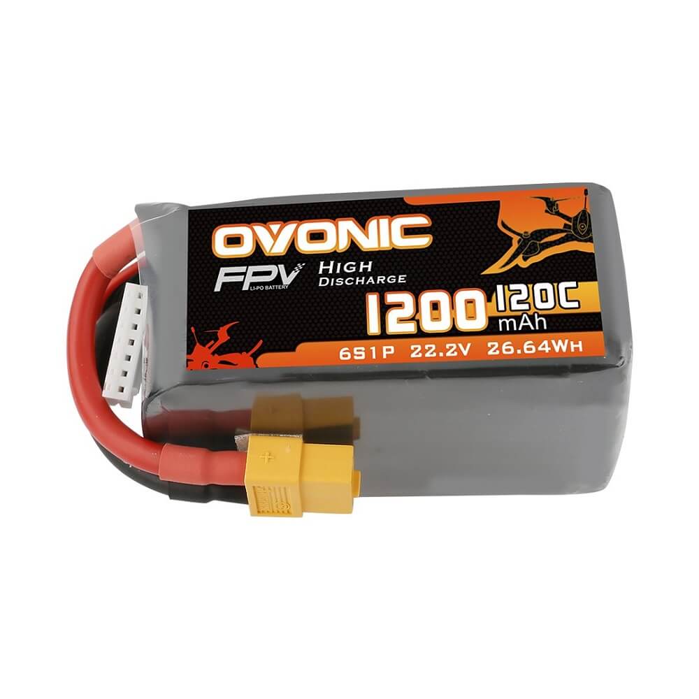 Ovonic 120C 22.2V 6S 1200mAh LiPo battery pack, label view with XT60 plug and balance lead