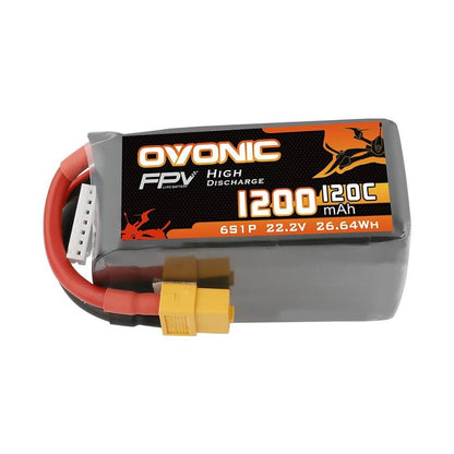 Ovonic 120C 22.2V 6S 1200mAh LiPo battery pack, label view with XT60 plug and balance lead
