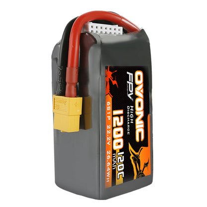Angled upright view of Ovonic 6S 1200mAh LiPo battery showing XT60 connector, wiring and balance plug
