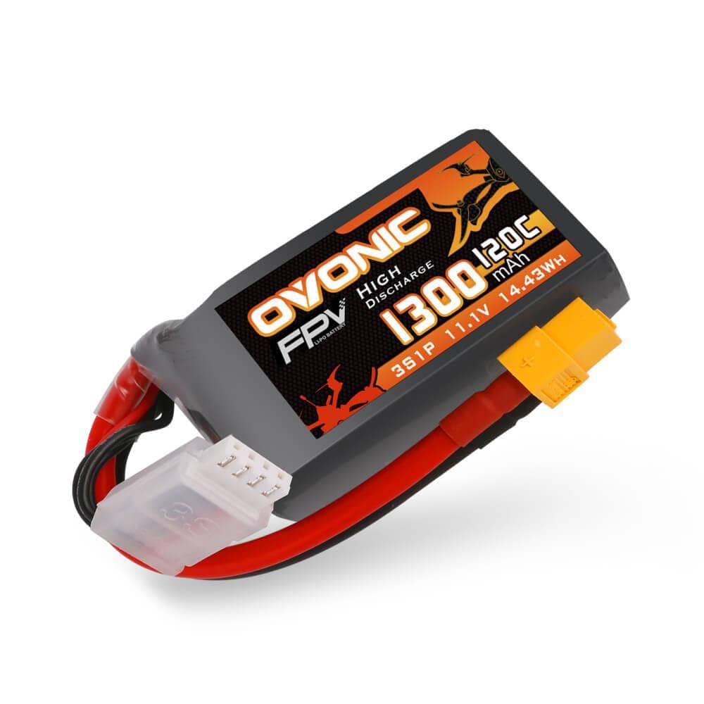 Ovonic 120C 3S1P 1300mAh 11.1V LiPo battery close-up with XT60 plug and balance connector