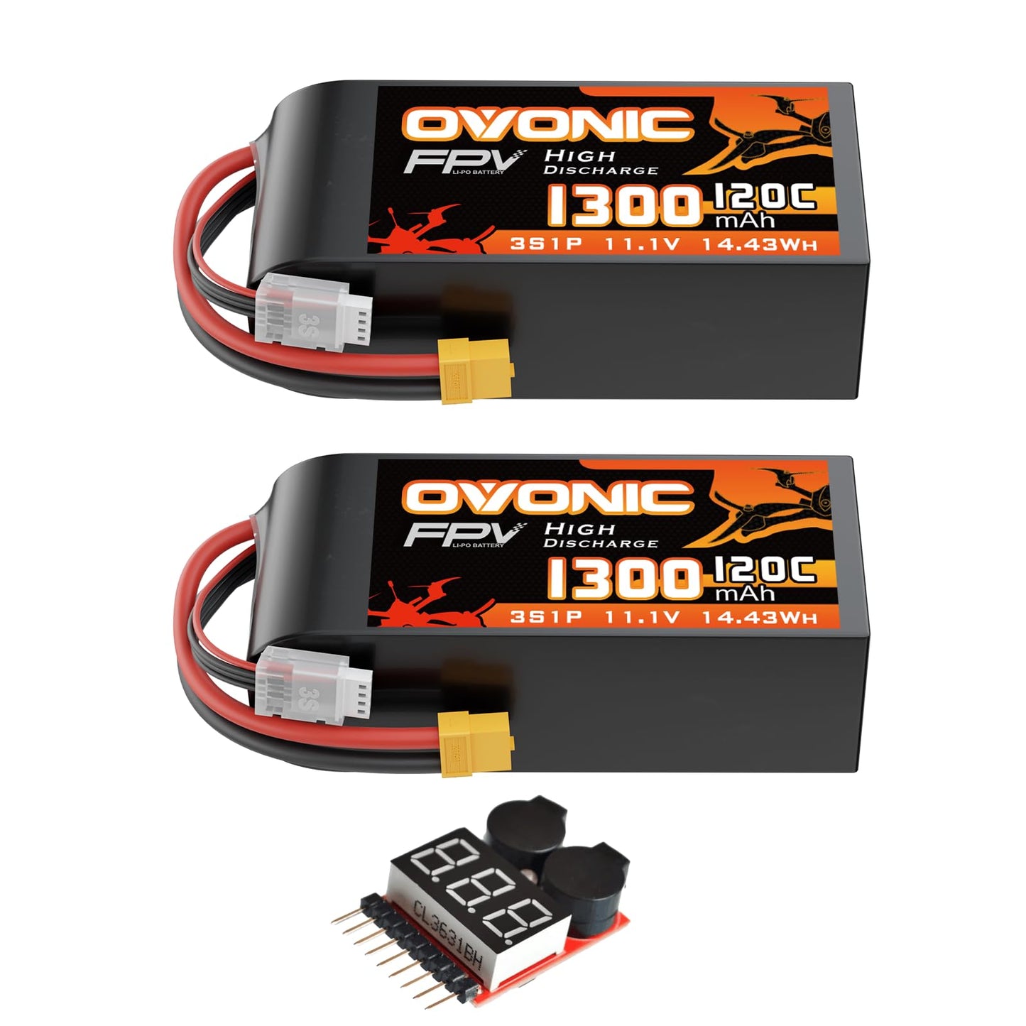 OVONIC 3S 11.1V 1300mAh 120C LiPo battery 2-pack with XT60 plug and balance lead