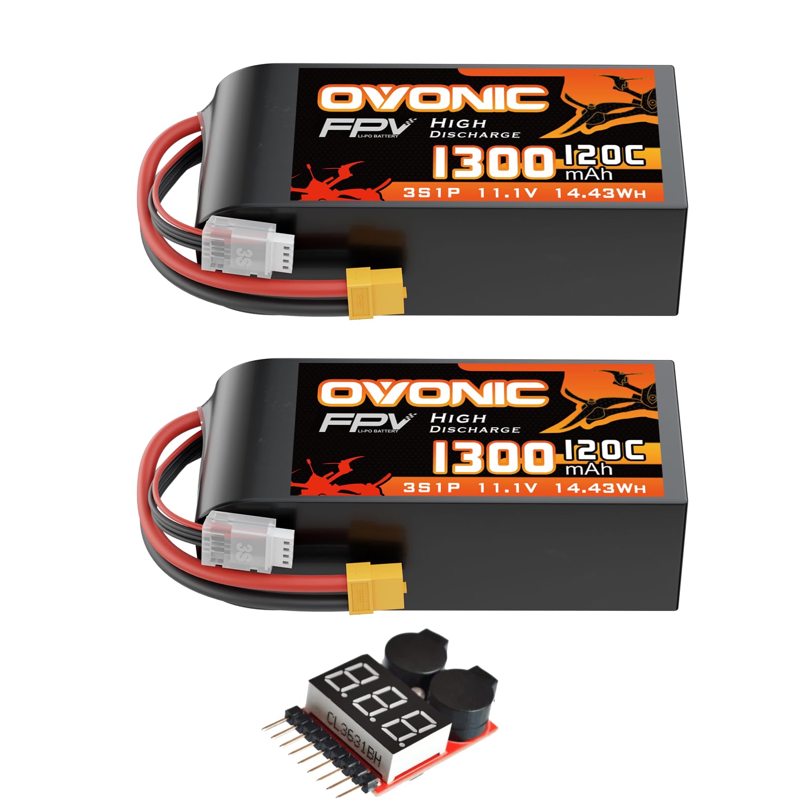 OVONIC 3S 11.1V 1300mAh 120C LiPo battery 2-pack with XT60 plug and balance lead