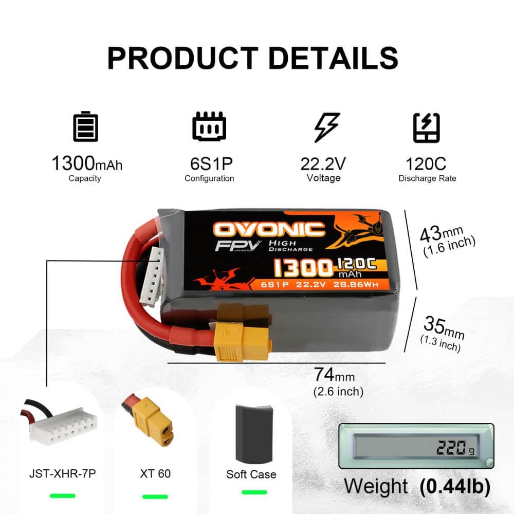 Ovonic 6S 1300mAh 120C LiPo battery size and specs graphic: 74×43×35mm, XT60 and JST-XHR balance lead