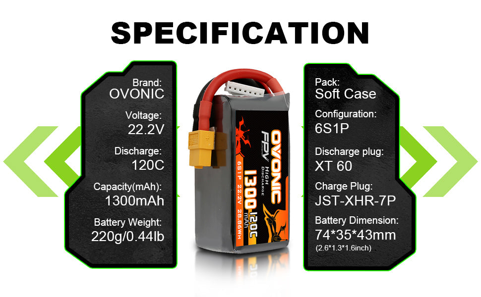 Ovonic 6S 1300mAh 22.2V LiPo battery specifications graphic: 120C, soft case, XT60, JST-XHR-7P, 74×35×43mm