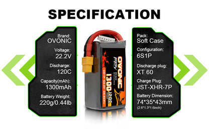 Ovonic 6S 1300mAh 22.2V LiPo battery specifications graphic: 120C, soft case, XT60, JST-XHR-7P, 74×35×43mm