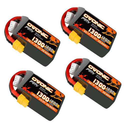 Ovonic 120C 6S 1300mAh 22.2V LiPo Battery 4-pack with XT60 plug and JST-XHR-7P balance lead