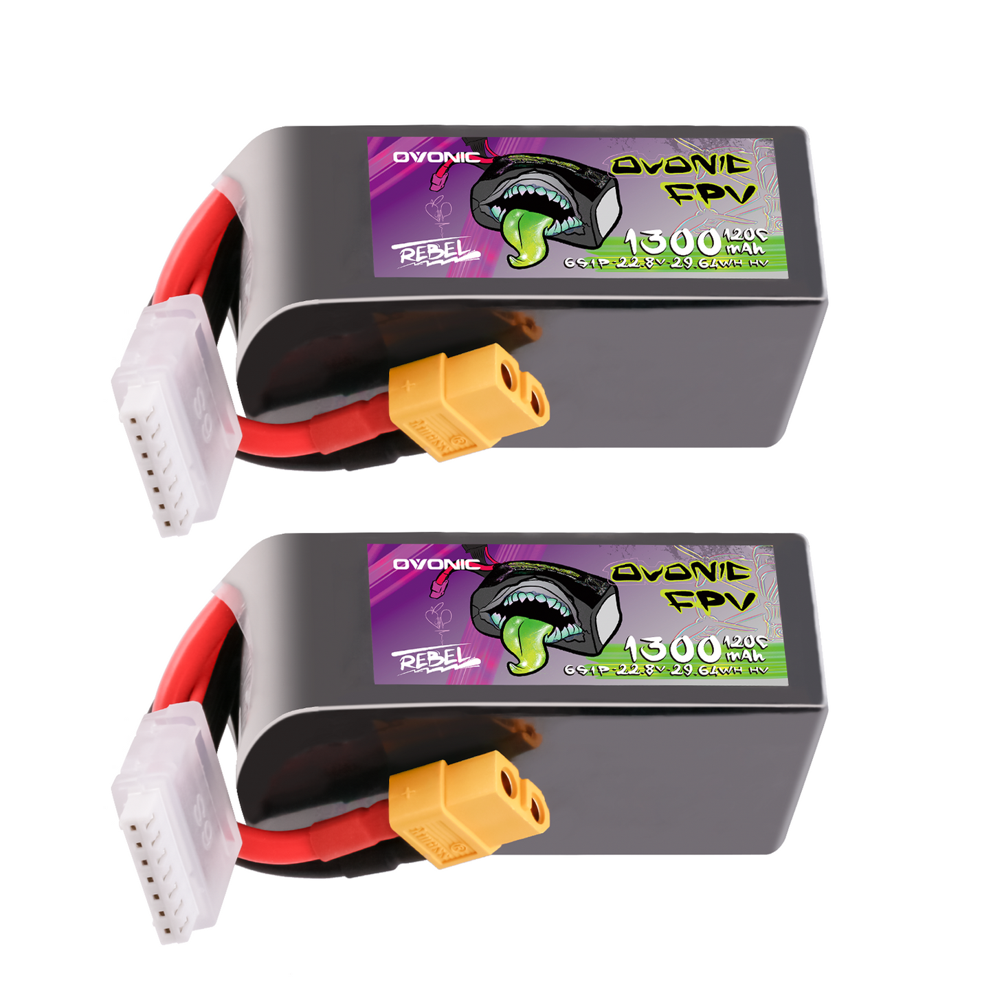 2-pack Ovonic Rebel 2.0 6S 1300mAh 120C LiHV LiPo batteries with XT60 and balance leads