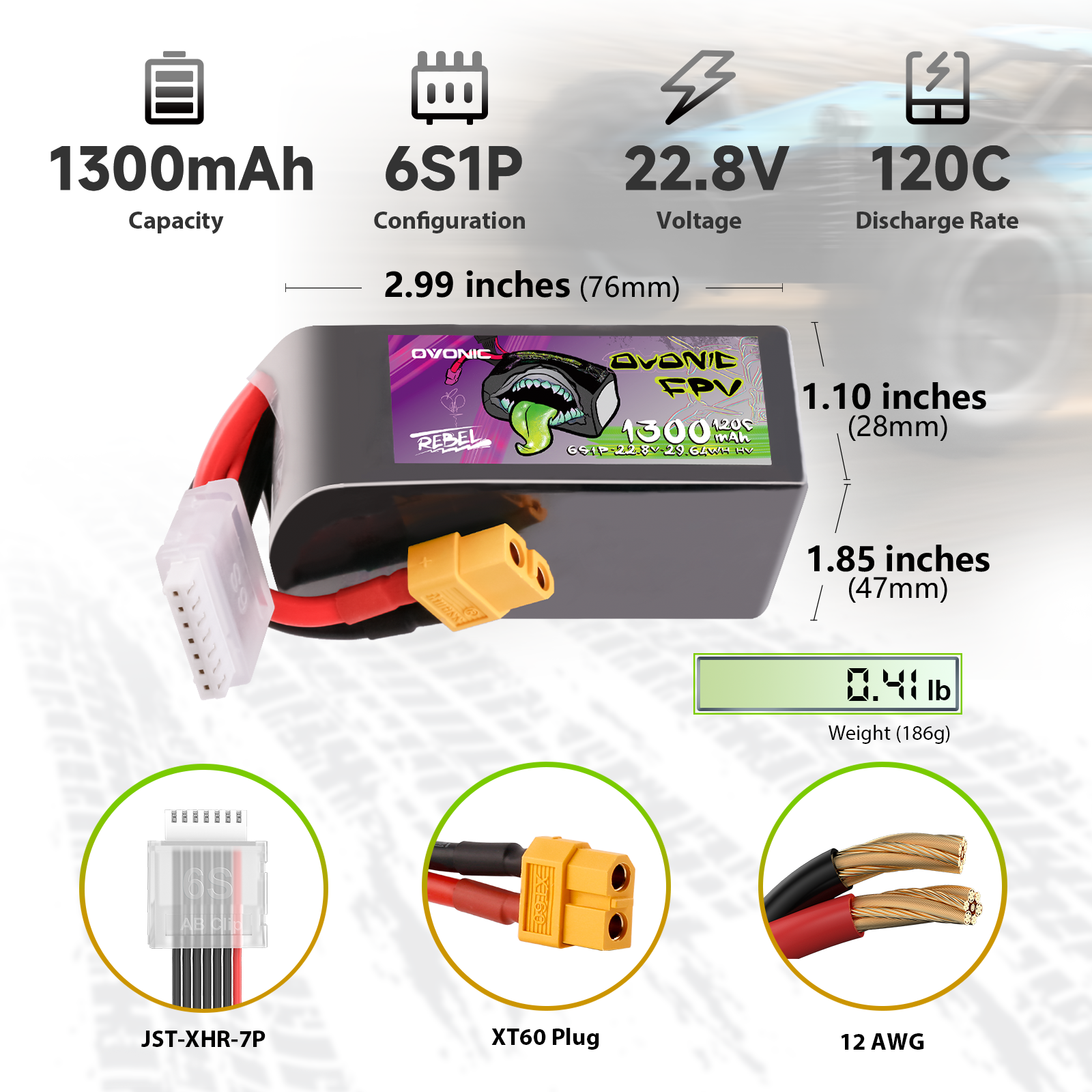Ovonic Rebel 2.0 6S 1300mAh LiHV battery specs: 22.8V 120C, size 76×47×28mm, 186g, XT60
