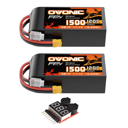 OVONIC 2-Pack 3S 11.1V 1500mAh 120C LiPo batteries with XT60 connector and voltage buzzer