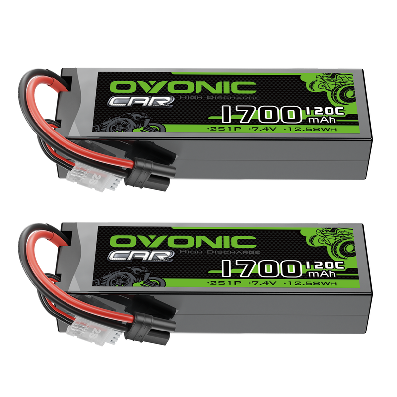 2-Pack OVONIC 1700mAh 120C 2S 7.4V LiPo Battery set with IEC plug and JST-XHR balance lead