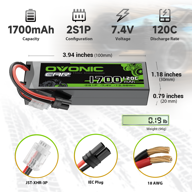 OVONIC 1700mAh 2S1P 7.4V 120C LiPo battery size and weight chart with IEC plug and JST-XHR-3P